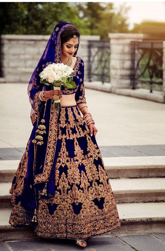 Navy Blue Color Bridal Wear Velvet Designer Embroidered Coding Work Latest Design Lehenga Choli
