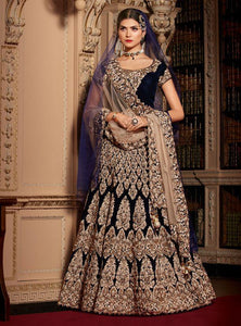 Navy Blue Color Fancy Velvet Designer Embroidered Work Latest Design Lehenga Choli