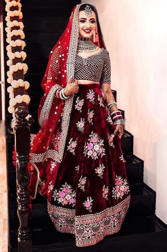 Maroon Color Bridal Wear Viscos Velvet Designer Embroidered Work Latest Design Lehenga Choli