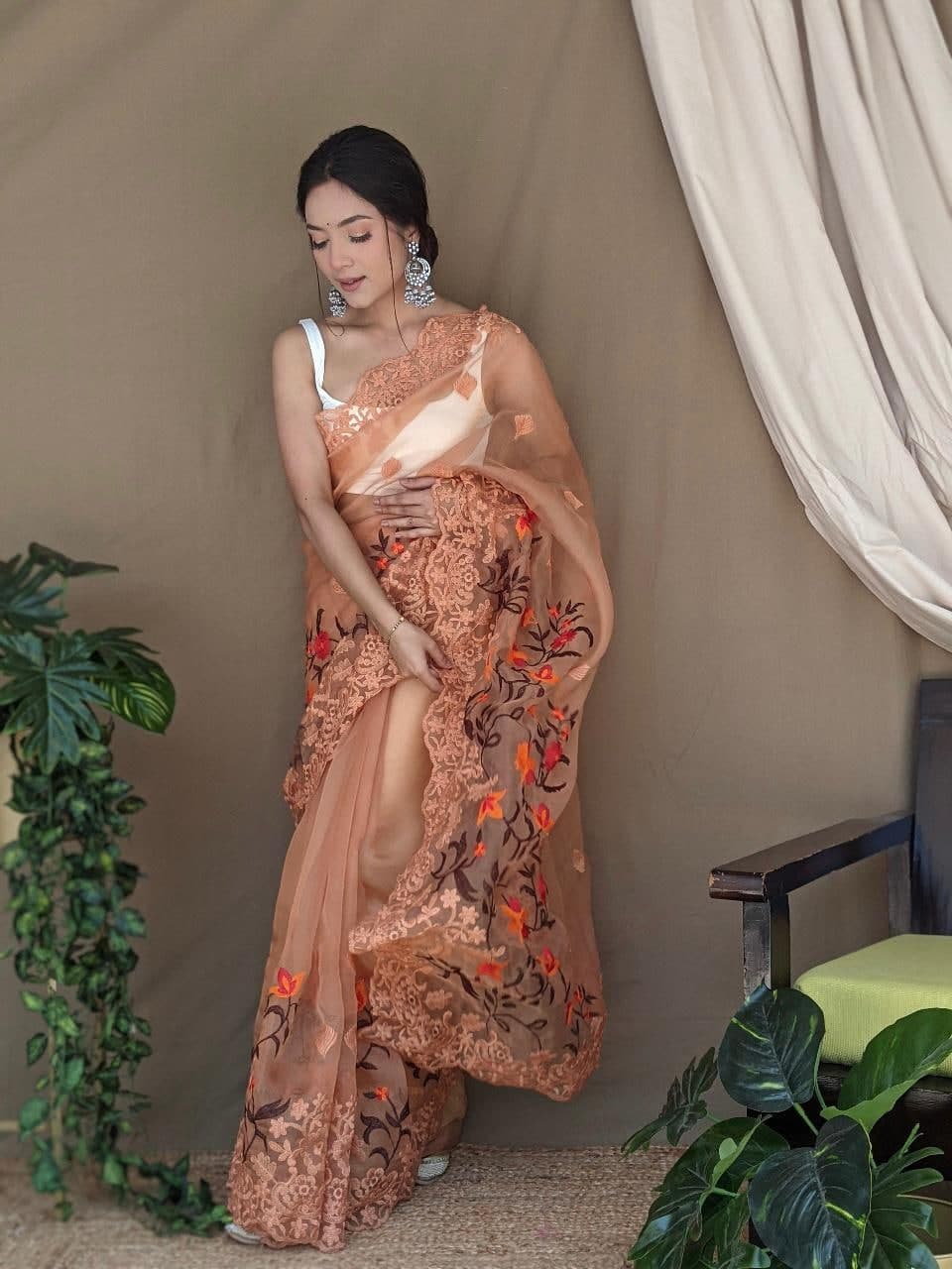 Impressive Peach Color Organza Thread Cut Work Saree Blouse For Wedding Wear