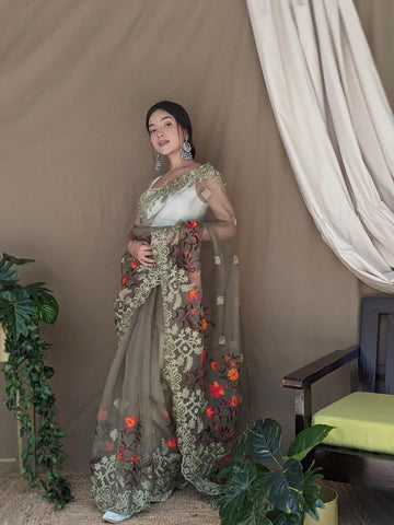 Flattering Green Color Occasion Wear Organza Thread Work Designer Saree Blouse