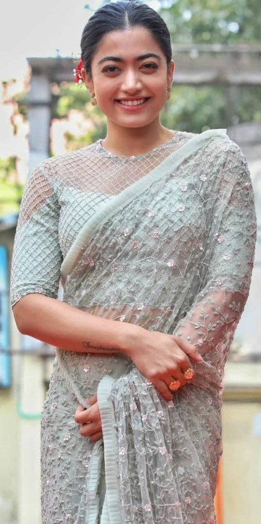 Capricious Grey Color Party Wear Nylon Net Embroidered Work Saree Blouse