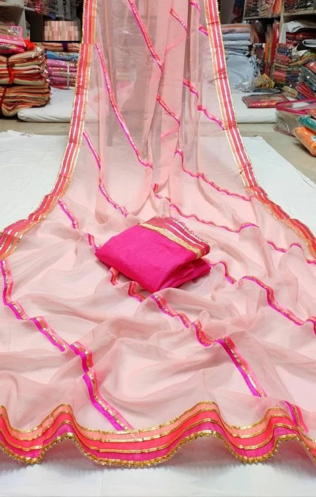 Dazzling Pink Color Designer Chiffon Gotta Patti Printed Saree Blouse For Women