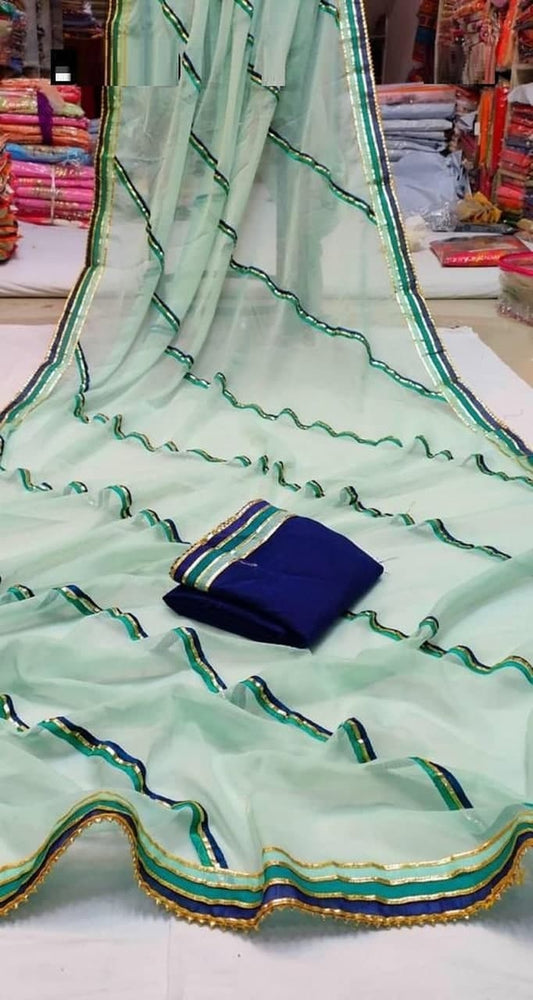 Staggering Sea Green Color Party Wear Chiffon Printed Gotta Patti Work Saree Blouse