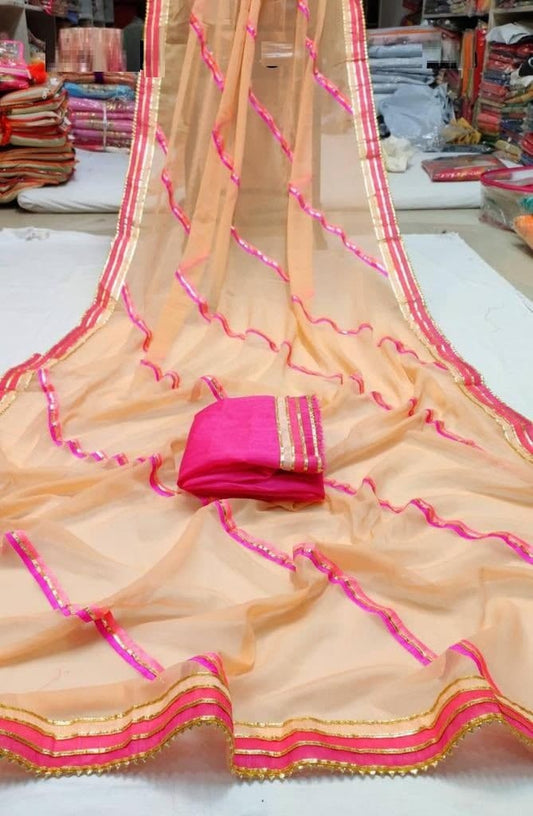 Gorgeous Peach Color Occasion Wear Chiffon Printed Gotta Patti Work Saree Blouse