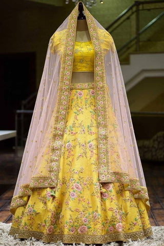 Festive Wear Yellow Color Designer Satin Silk Embroidered Machine Work Latest Design Lehenga Choli