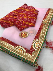 Admiring Pink Color Wedding Wear Gotta Patti Bandhani Organza Saree Blouse