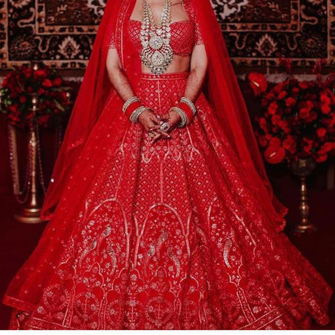 Red Color Designer Georgette Chine Stitch Work Latest Design Lehenga Choli