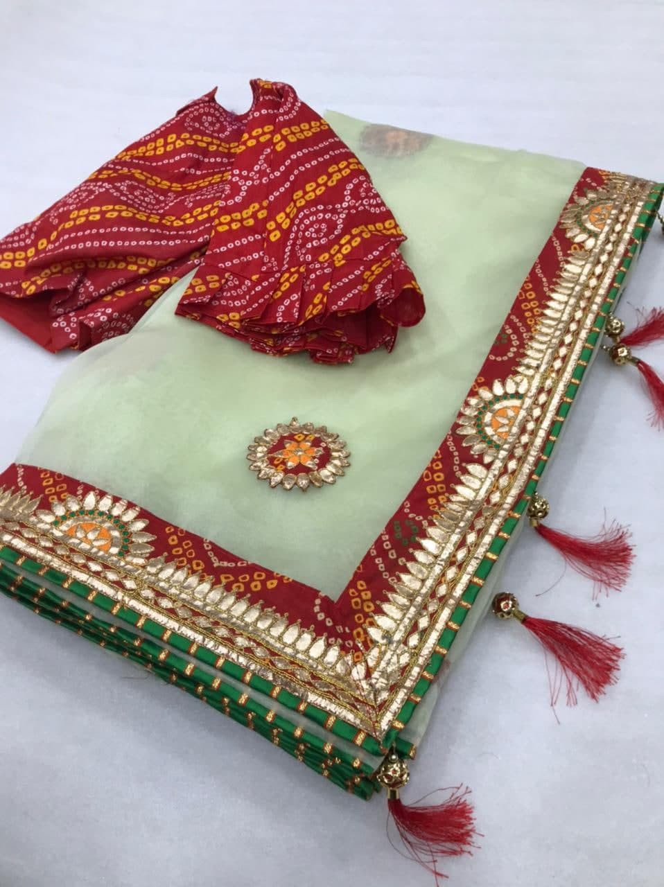 Preferable Sea Green Color Function Wear Organza Bandhani Design Gotta Patti Work Saree Blouse