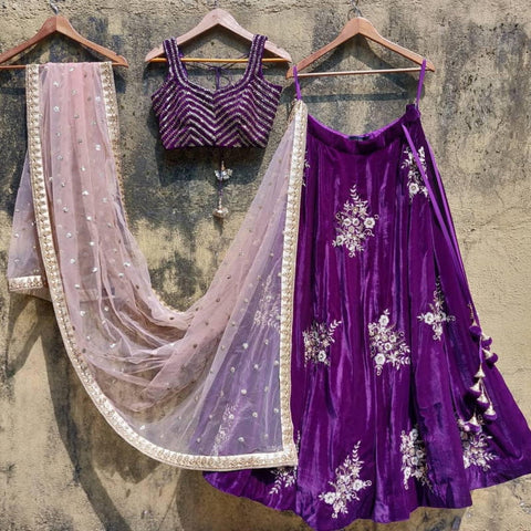 Purple Color Wedding Wear Designer Velvet Embroidered Work Latest Design Lehenga Choli