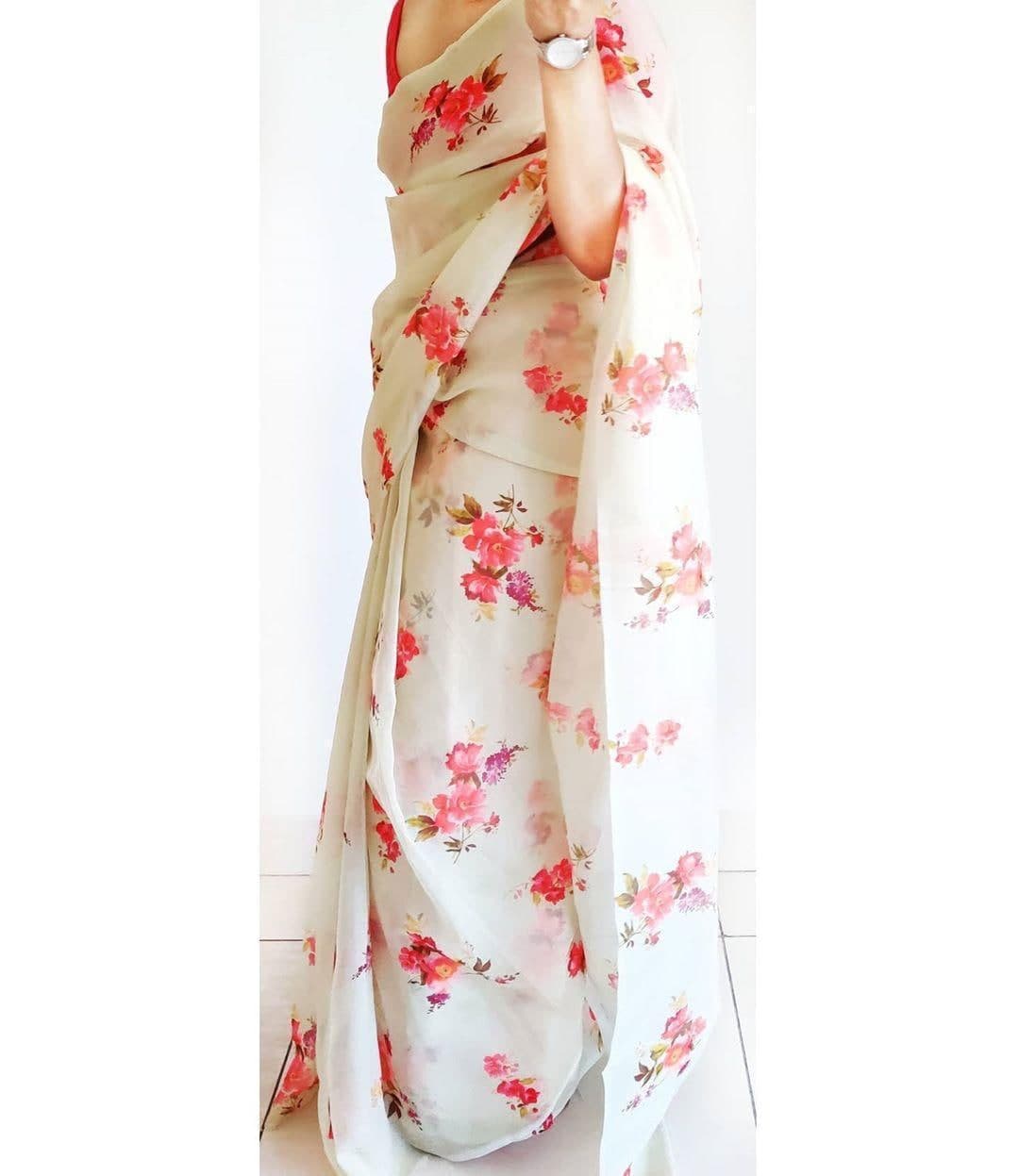 Appealing Cream Color Digital Printed Occasion Wear Organza Saree Blouse