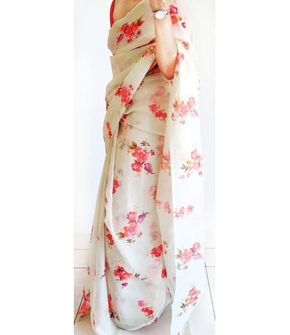 Appealing Cream Color Digital Printed Occasion Wear Organza Saree Blouse
