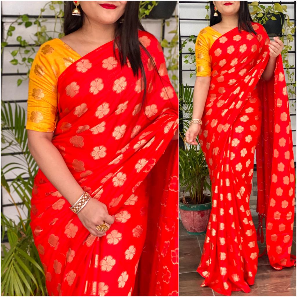 Red Color Jacquard All Over Designer Saree Sana Silk Designer Saree Blouse