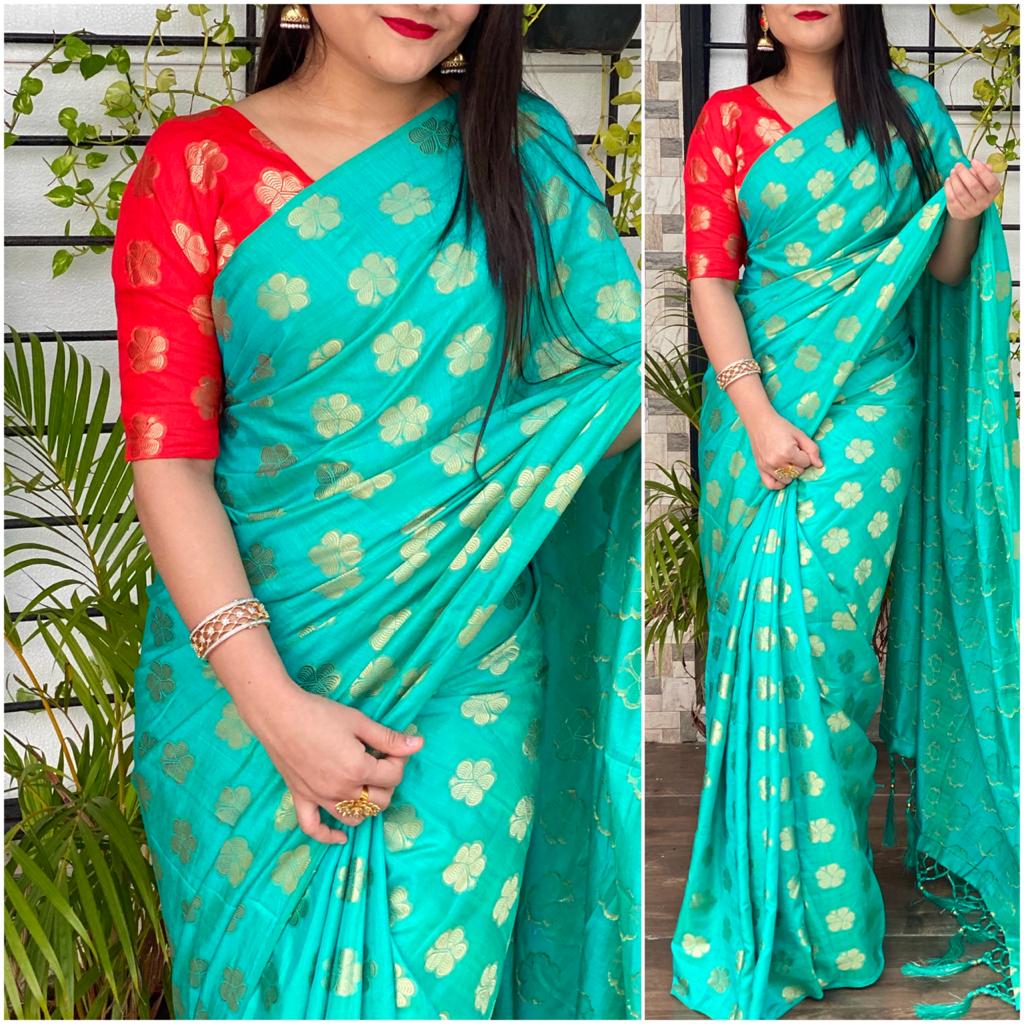 Firozi Color Designer Sana Silk All Over Jacquard Designer Saree Blouse