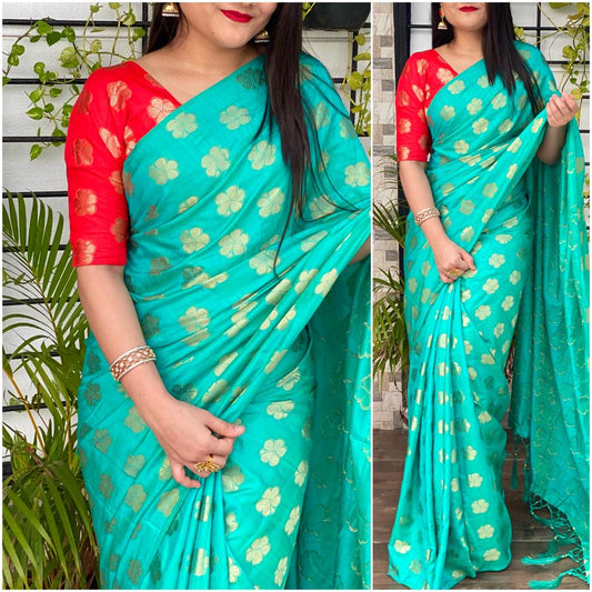 Firozi Color Designer Sana Silk All Over Jacquard Designer Saree Blouse