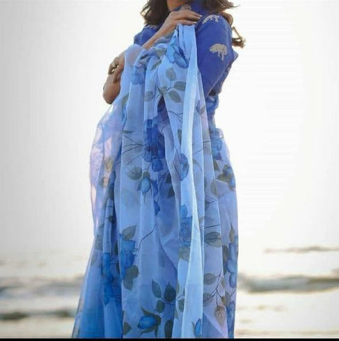 Glamrous Sky Blue Color Organza Digital Printed Running Wear Saree Blouse