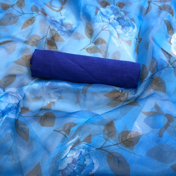 Glamrous Sky Blue Color Organza Digital Printed Running Wear Saree Blouse