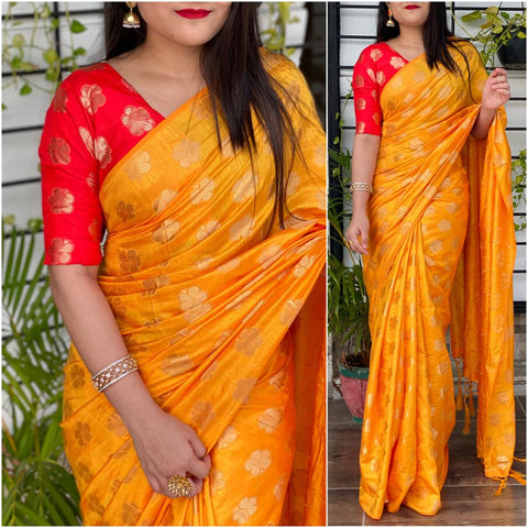 Mustard Color Party Wear Sana Silk All Over Jacquard Designer Saree Blouse