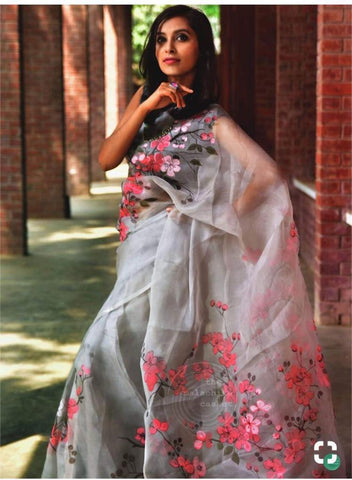 Grey Color Festive Wear Organza Silk Designer Printed Designer Saree Blouse