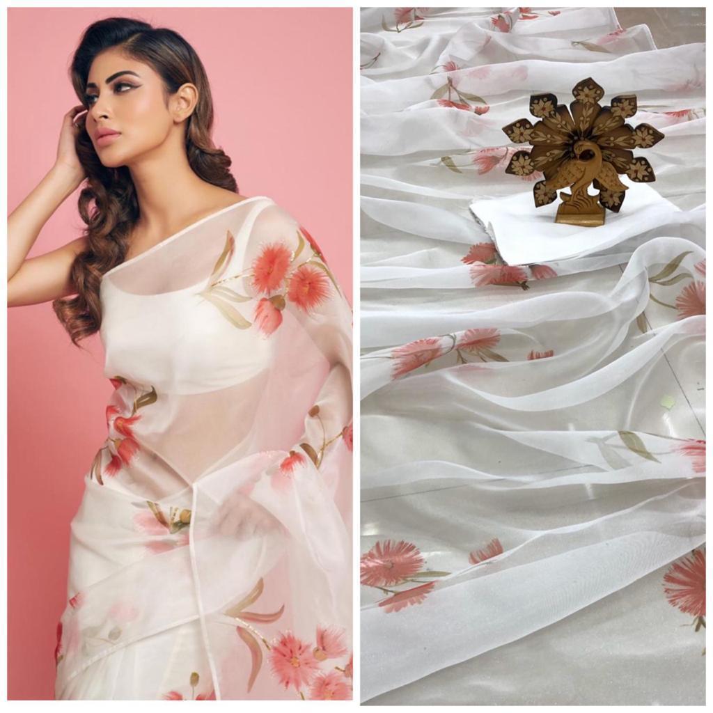 White Color Printed Silk Organza Party Wear Designer Saree Blouse