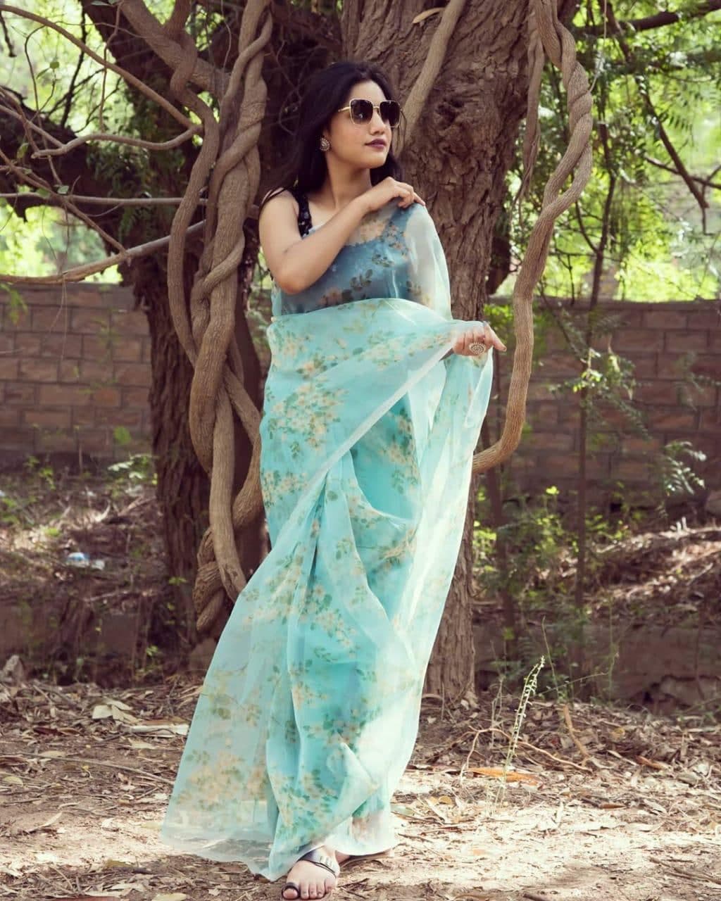 Refreshing Sea Green Color Organza Printed Design Saree Blouse For Indian Wear