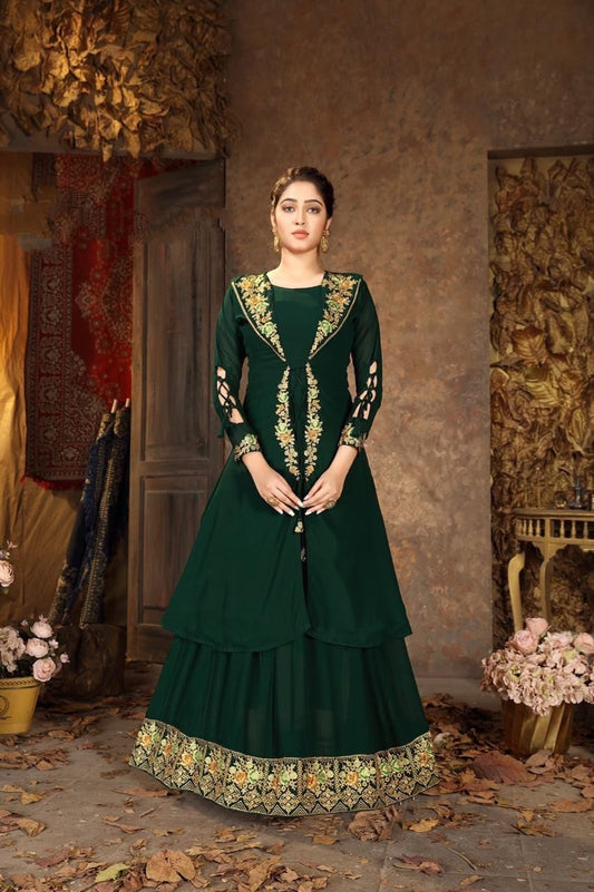 Amazing Bottle Green Color Georgette Embroidered Work Jacket Gown For Women