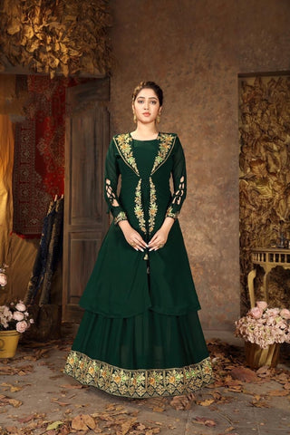 Amazing Bottle Green Color Georgette Embroidered Work Jacket Gown For Women