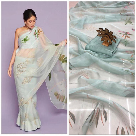 Light Aqua Color Fancy Silk Organza Printed Designer Wedding Wear Designer Saree Blouse