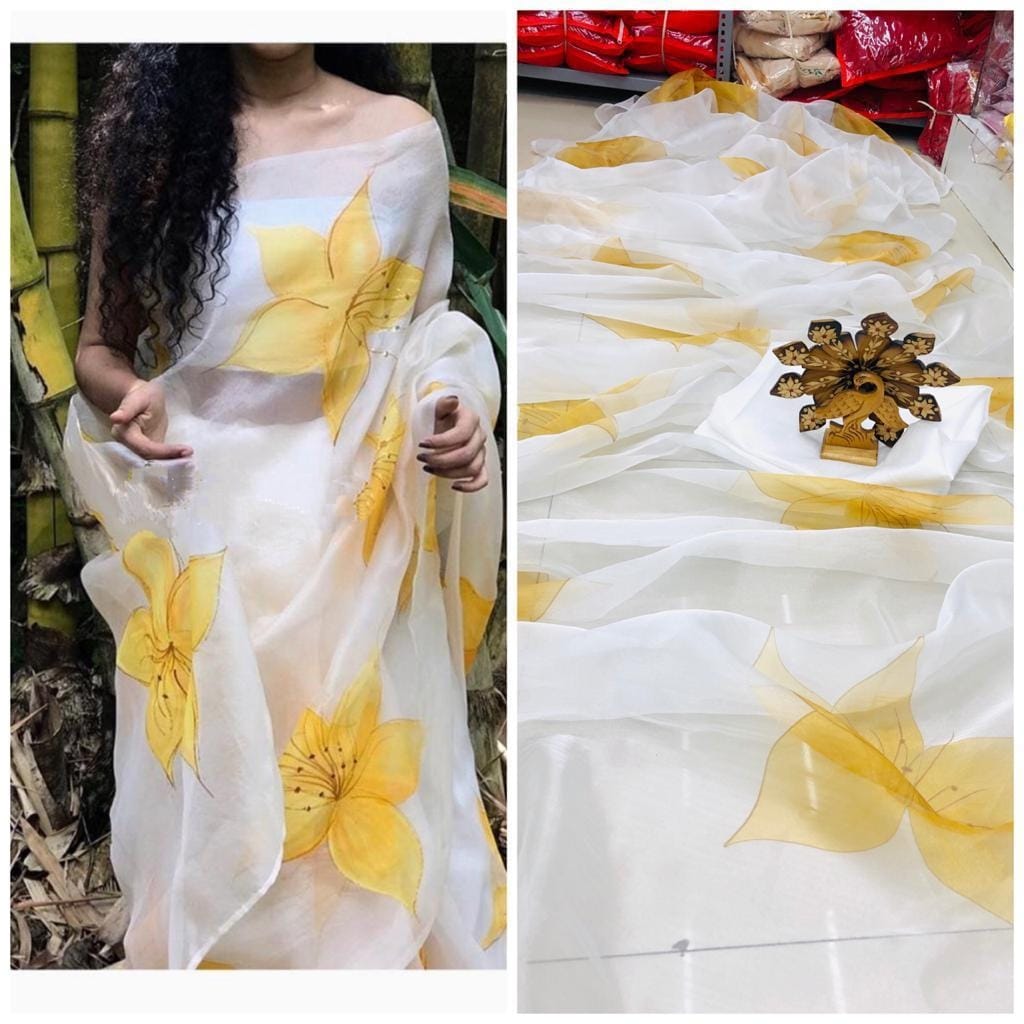 Yellow Color Flower Printed Designer Organza Silk Designer Saree Blouse