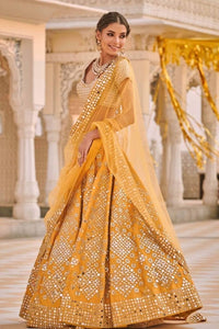 Awesome Mustard Color Wedding Wear Taffeta Silk Embroidered Work Lehenga Choli