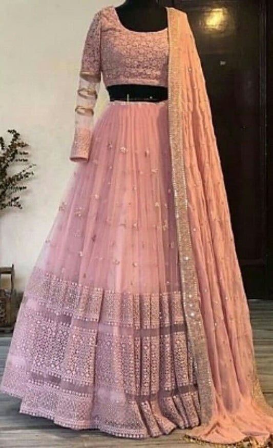 Classic Pink Color Embroidered Work Georgette Festive Wear Lehenga Choli