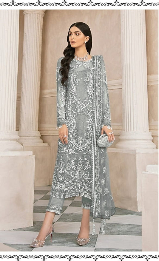 Party Wear Grey Color Fancy Embroidered Sequence Work Heavy Net Salwar Suit