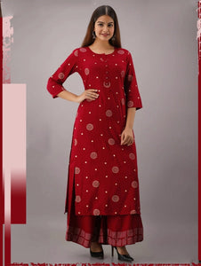 Red Color Festive Wear Full Stitched Cotton Rayon Designer Thread Work Kurti Plazo
