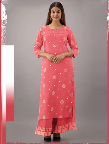 Peach Color Ready Made Thread Work Fancy Cotton Rayon Party Wear Plazo Kurti
