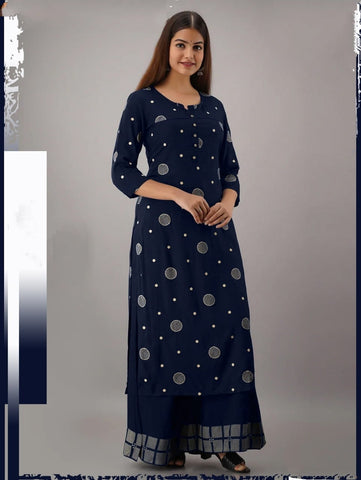 Navy Blue Color Full Stitched Rayon Cotton Thread Work Kurti Plazo