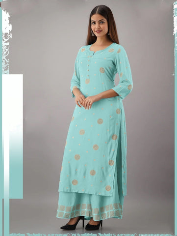 Light Blue Color Ready Made Rayon Thread Work Cotton Kurti Plazo