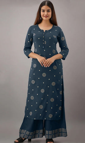 Blue Color Wedding Wear Rayon Thread Work Cotton Designer Full Stitched Plazo Kurti