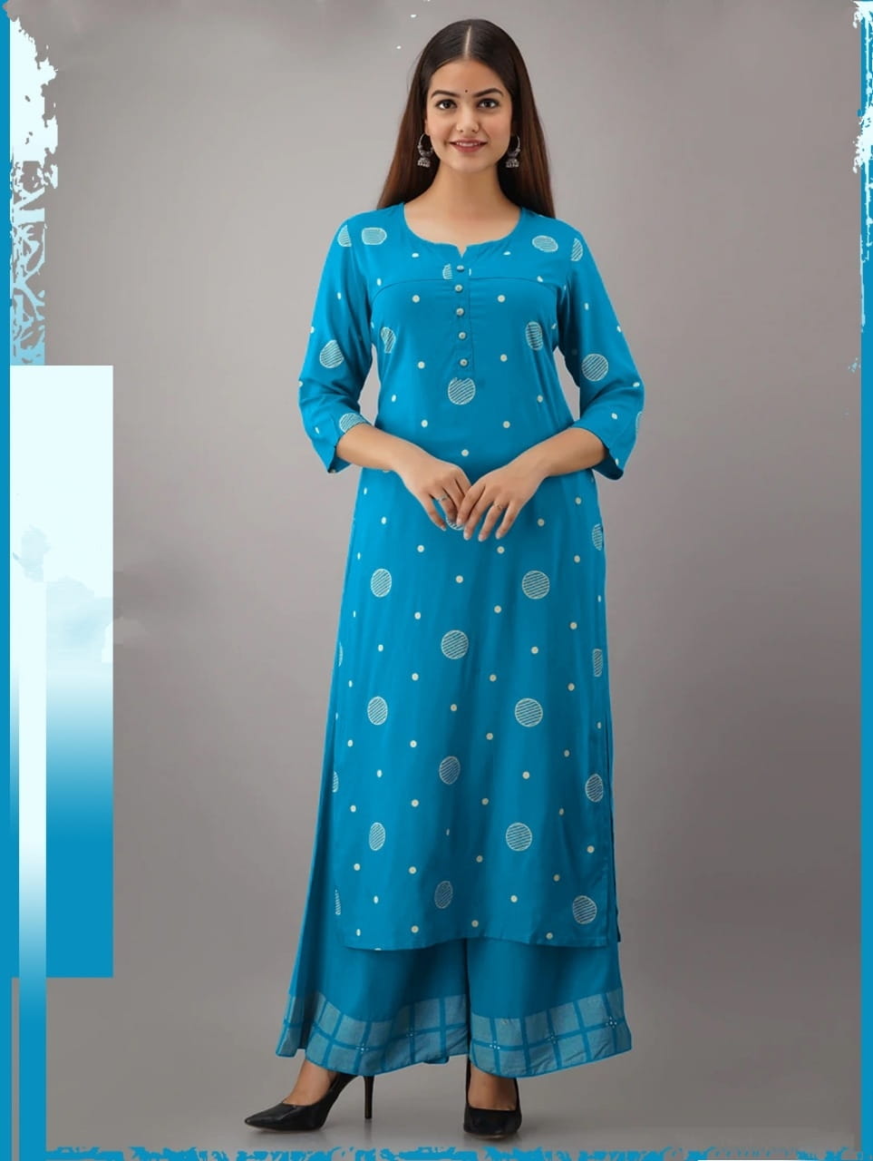 Sky Blue Color Ready Made Cotton Thread Work Rayon Plazo Kurti