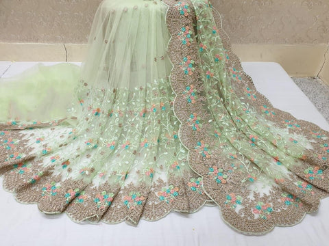 Light Green Color Net Moti Ceramic Zari Thread Embroidered Work Wedding Wear Designer Saree Blouse