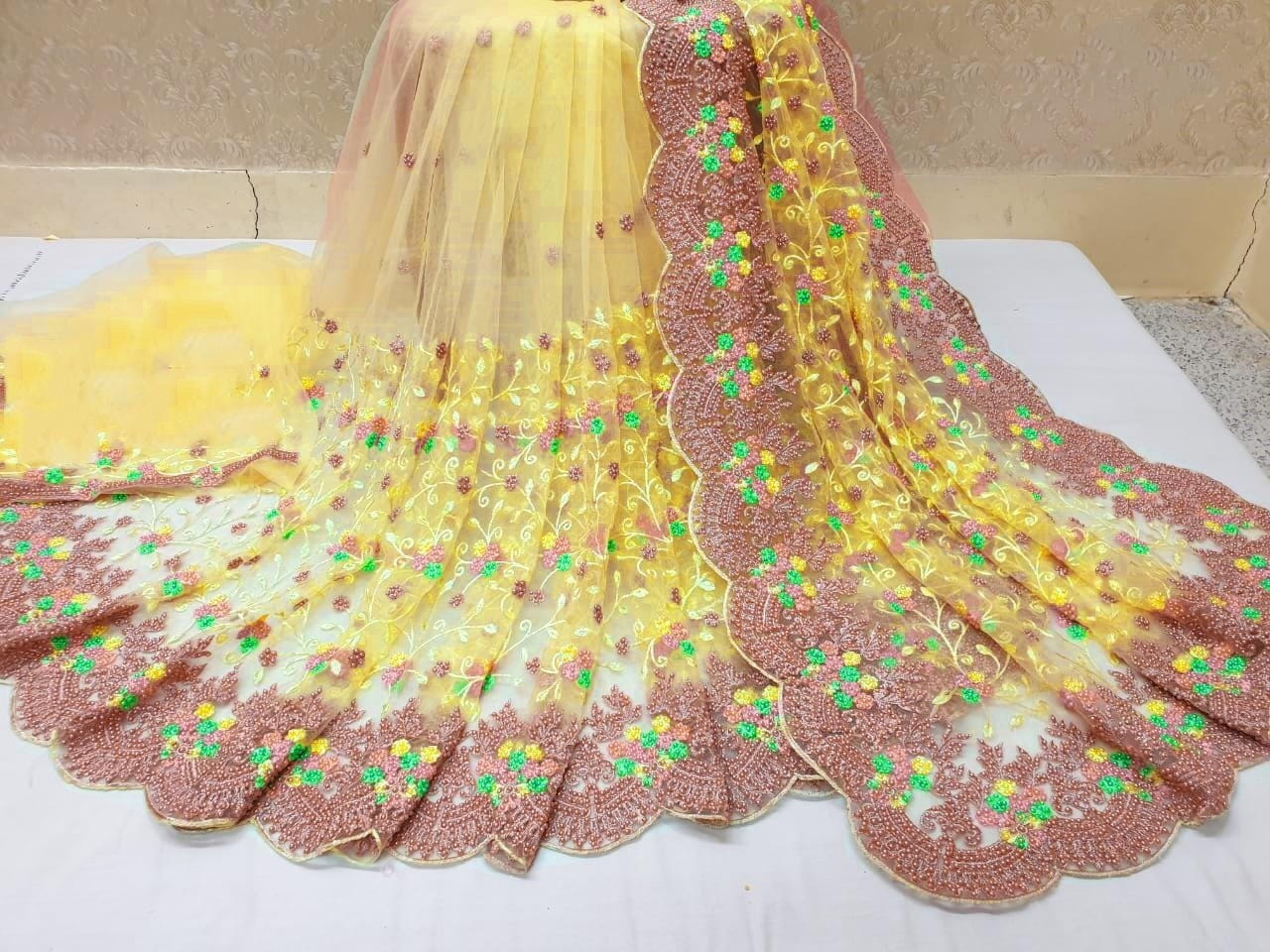 Yellow Color Party Wear Moti Ceramic Embroidered Zari Thread Work Soft Net Designer Saree Blouse
