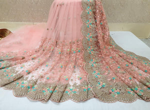Peach Color Occasion Wear Soft Net Ceramic Moti Thread Embroidered Zari Work Designer Saree Blouse