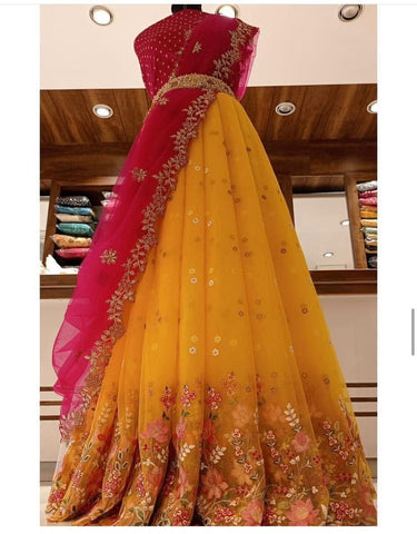Marvelous Mustard Color Organza Embroidered Work Lehenga Choli For Women