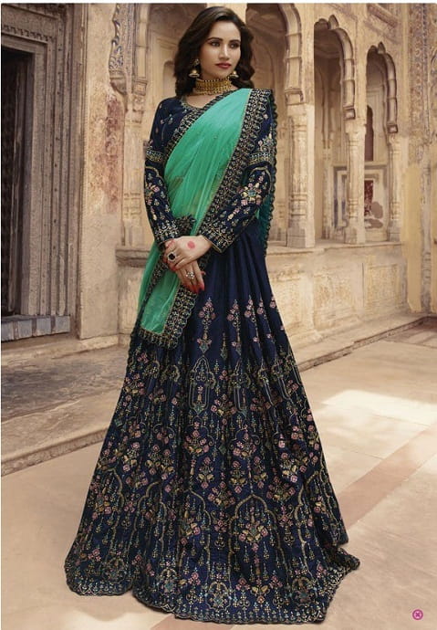 Wedding Wear Navy Blue Color Designer Tapeta Silk Satin Coding Golden Zari Embroidered Work Latest Design Lehenga Choli