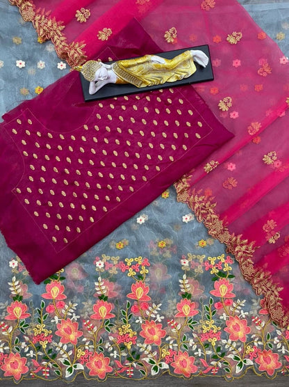 Bewildering Grey Color Embroidered Work Organza Lehenga Choli For Women