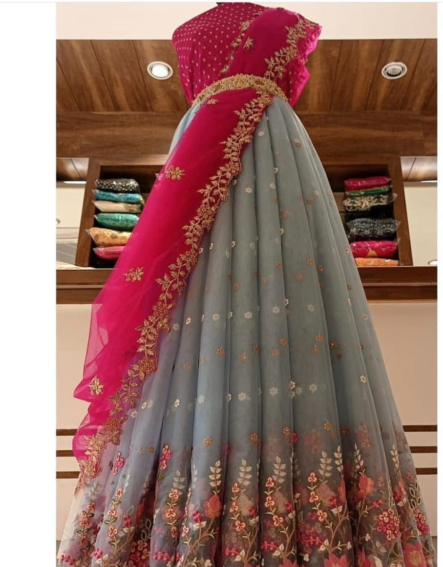 Bewildering Grey Color Embroidered Work Organza Lehenga Choli For Women