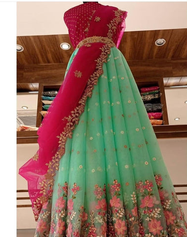 Impressive Sea Green Color Occasion Wear Organza Embroidered Multi Work Lehenga Choli