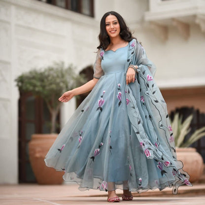 Novelty Blue Color Georgette Printed Festive Wear Dupatta Gown
