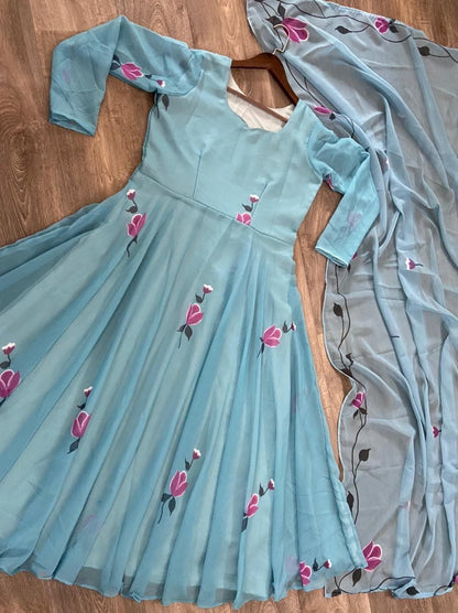 Novelty Blue Color Georgette Printed Festive Wear Dupatta Gown