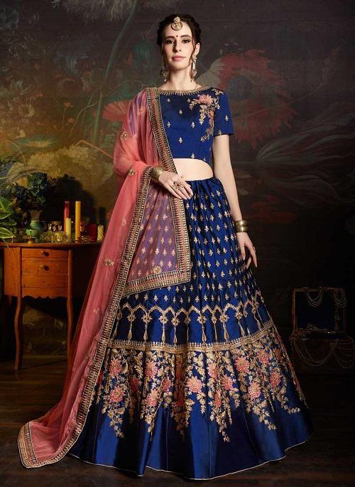 Royal Blue Color Coding Embroidered Satin Golden Zari Work Designer Tapeta Silk Party Wear Latest Design Lehenga Choli