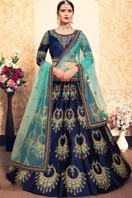 Festive Wear Dark Blue Color Designer Tapeta Silk Satin Coding Golden Zari Embroidered Work Latest Design Lehenga Choli